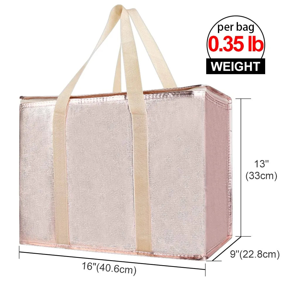Bodaon 2-Pack Insulated Reusable Grocery Shopping Bag with Zippered Top, X-Large Frozen Foods Cold, Cooler Shopping Accessories, Insullated Bags, Insulated Food/Pizza Delivery Bag, Gold