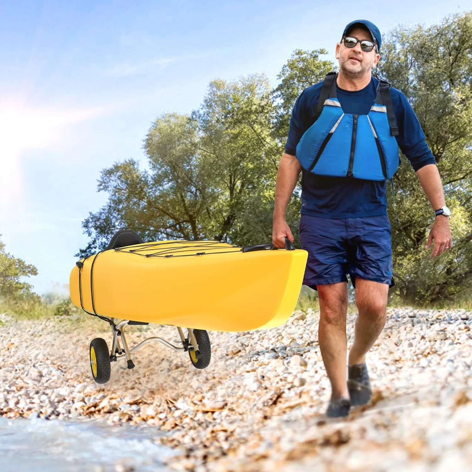 Bonnlo Kayak Cart Canoe Dolly Fishing Kayak Accessories Carrier Foldable Paddle Board Trolley Boat Trailer Transport with NO-Flat Airless Tires Wheels and 2 Ratchet Straps