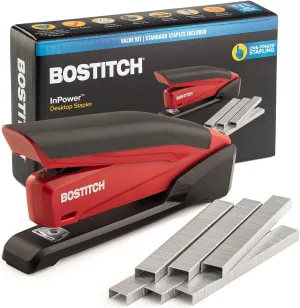Bostitch Stapler with 1260 Staples - InPower Red Spring Powered Stapler - Built-in Staple Remover -20 Sheet Capacity- Staple Storage Compartment - One Touch Heavy Duty for Desk