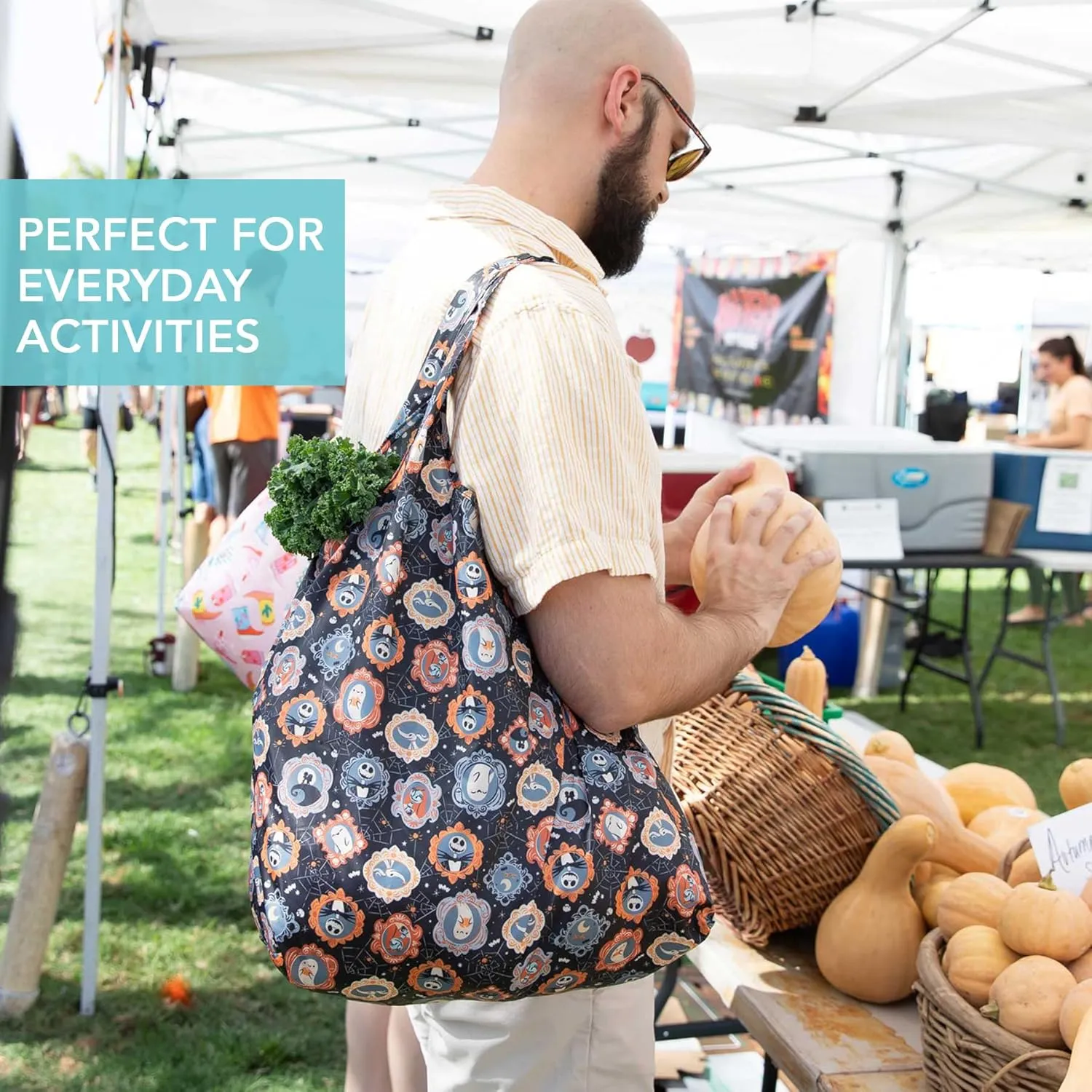 Bumkins Reusable Grocery Shopping Tote Bag for Women, Large Boho Style with Handles, Foldable, Washable, Shoulder Straps