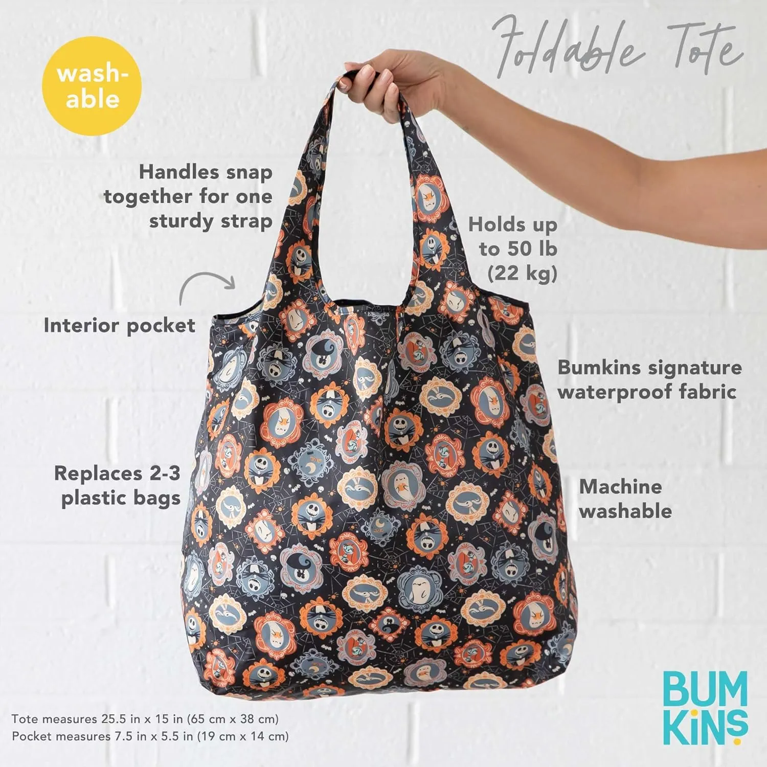 Bumkins Reusable Grocery Shopping Tote Bag for Women, Large Boho Style with Handles, Foldable, Washable, Shoulder Straps