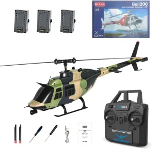 C138 RC Helicopter for Adult, 1/33 Scale Bell 206 2.4G 6CH Single-Propeller Flybarless Helicopter with Optical Flow Positioning (Camo) - 3 Battery