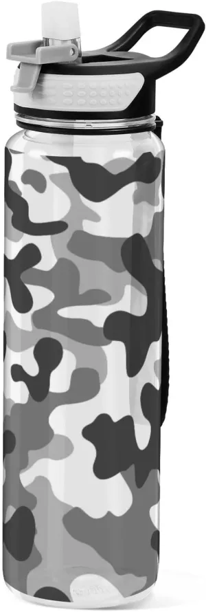 Caikeny Water Bottle with Straw White Camouflage Black Sports Bottles BPA-Free Tritan Water Jug with Carrying Strap for Women Men Gym Outdoor Sports