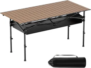 Camp Tables Portable Foldable Adjustable Height for 6-8 People, Outdoor Folding Camping Table with Storage for Outdoor Cooking Picnic Camp, Camping Cooking Essentials(Natural)