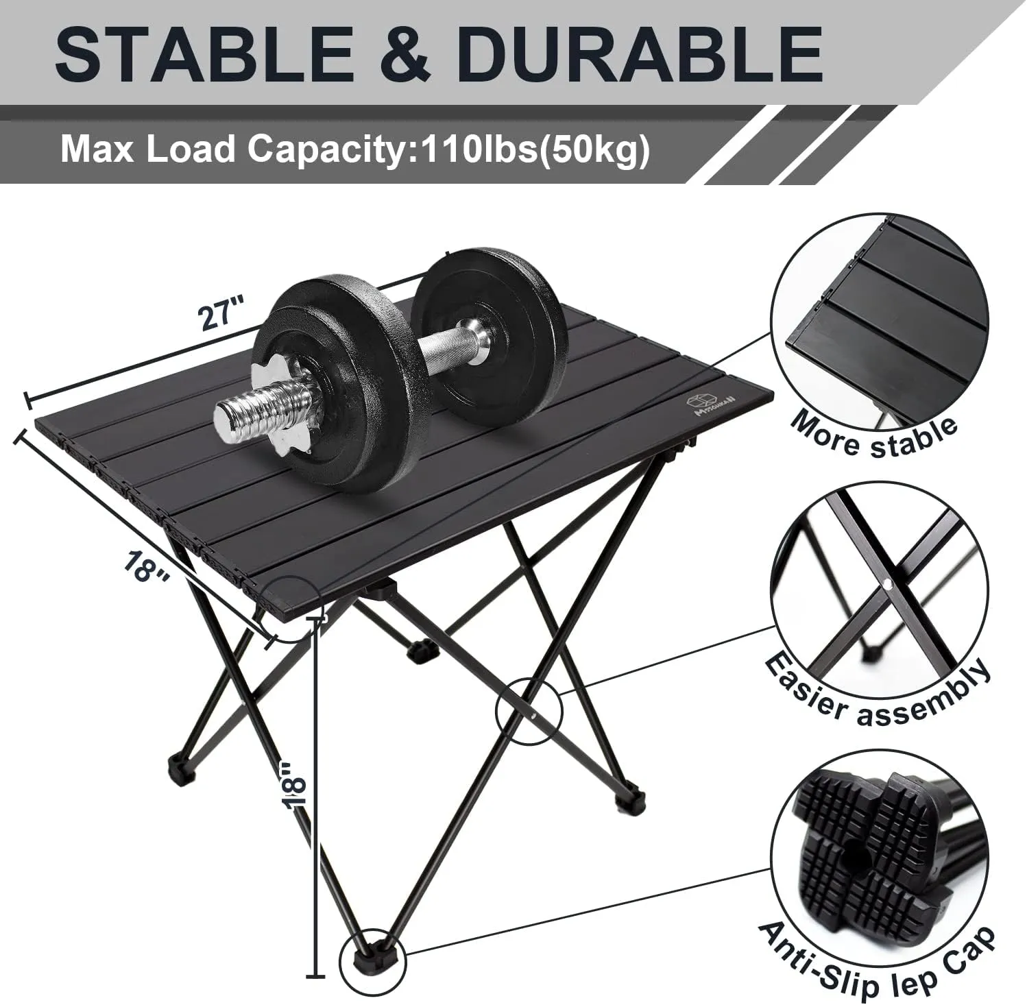 Camping Table Folding Portable Camp Side Table Aluminum Lightweight Carry Bag Beach Outdoor Hiking Picnics BBQ Cooking Dining Kitchen Black Large