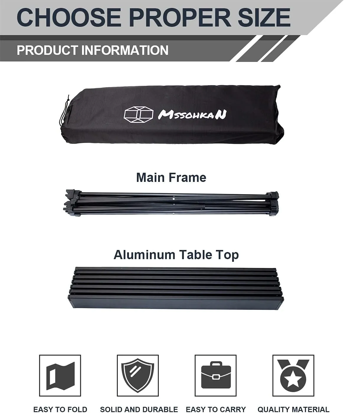 Camping Table Folding Portable Camp Side Table Aluminum Lightweight Carry Bag Beach Outdoor Hiking Picnics BBQ Cooking Dining Kitchen Black Large