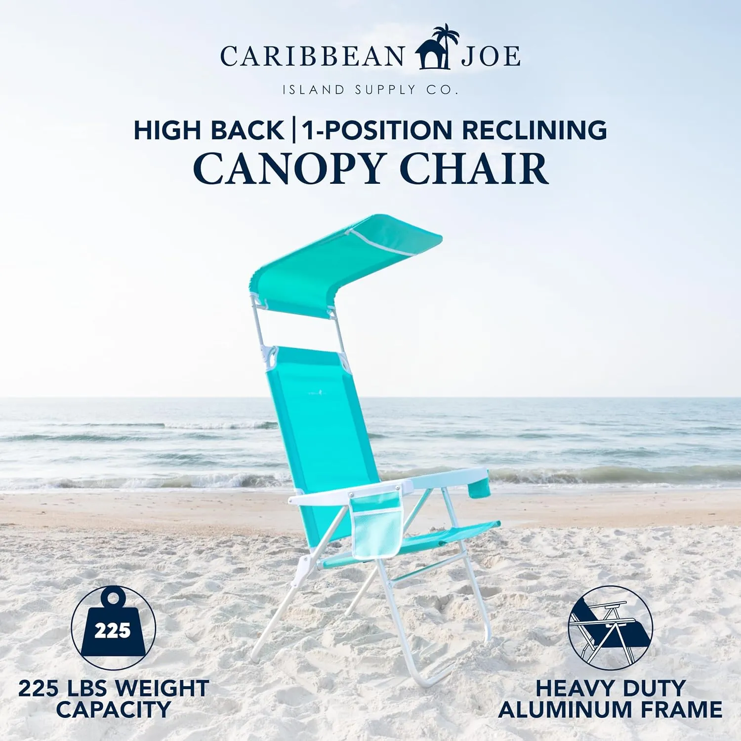 CARIBBEAN JOE Folding Beach Chair, 1 Position High Back Outdoor Camping Chair with Canopy, Lightweight and Portable