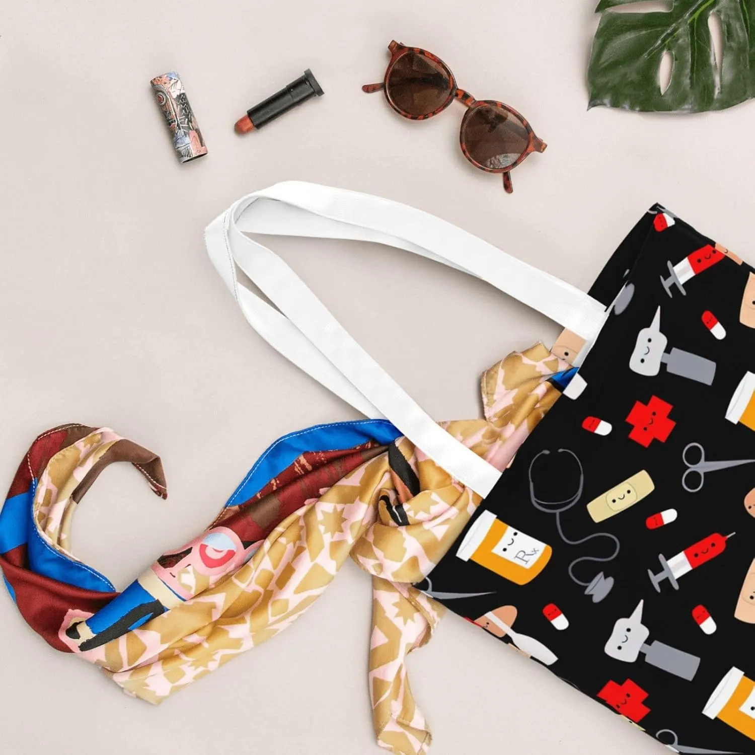 Cartoon Medicine Pattern Print Foldable Tote Bag For Women Large Tote Shoulder Handbag Reusable Grocery Bags Travel Work
