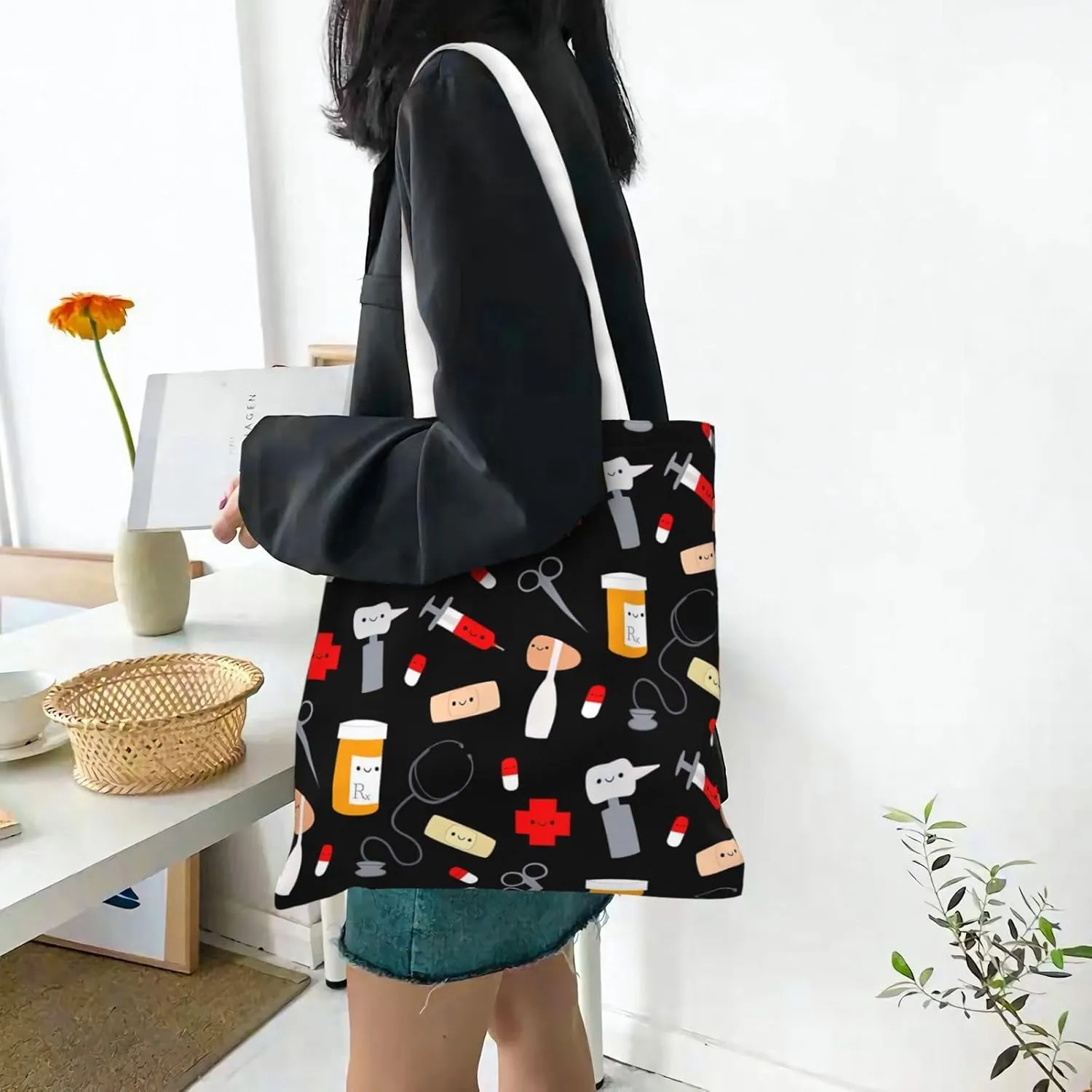 Cartoon Medicine Pattern Print Foldable Tote Bag For Women Large Tote Shoulder Handbag Reusable Grocery Bags Travel Work