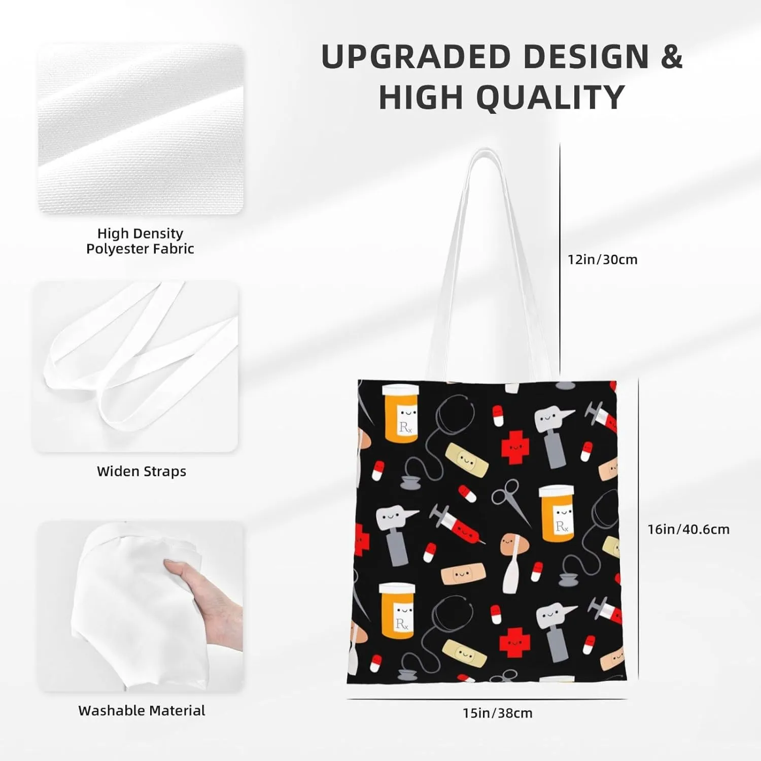 Cartoon Medicine Pattern Print Foldable Tote Bag For Women Large Tote Shoulder Handbag Reusable Grocery Bags Travel Work