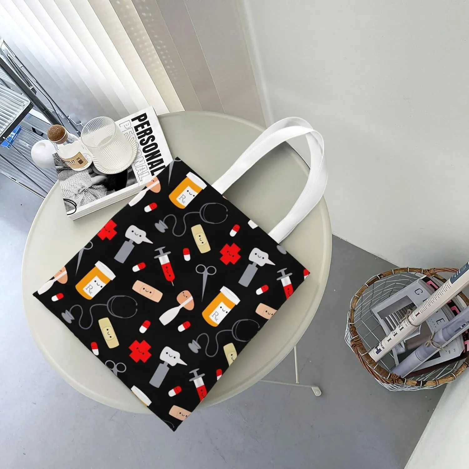 Cartoon Medicine Pattern Print Foldable Tote Bag For Women Large Tote Shoulder Handbag Reusable Grocery Bags Travel Work