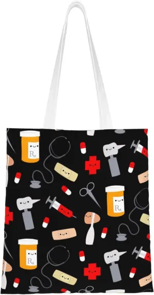 Cartoon Medicine Pattern Print Foldable Tote Bag For Women Large Tote Shoulder Handbag Reusable Grocery Bags Travel Work