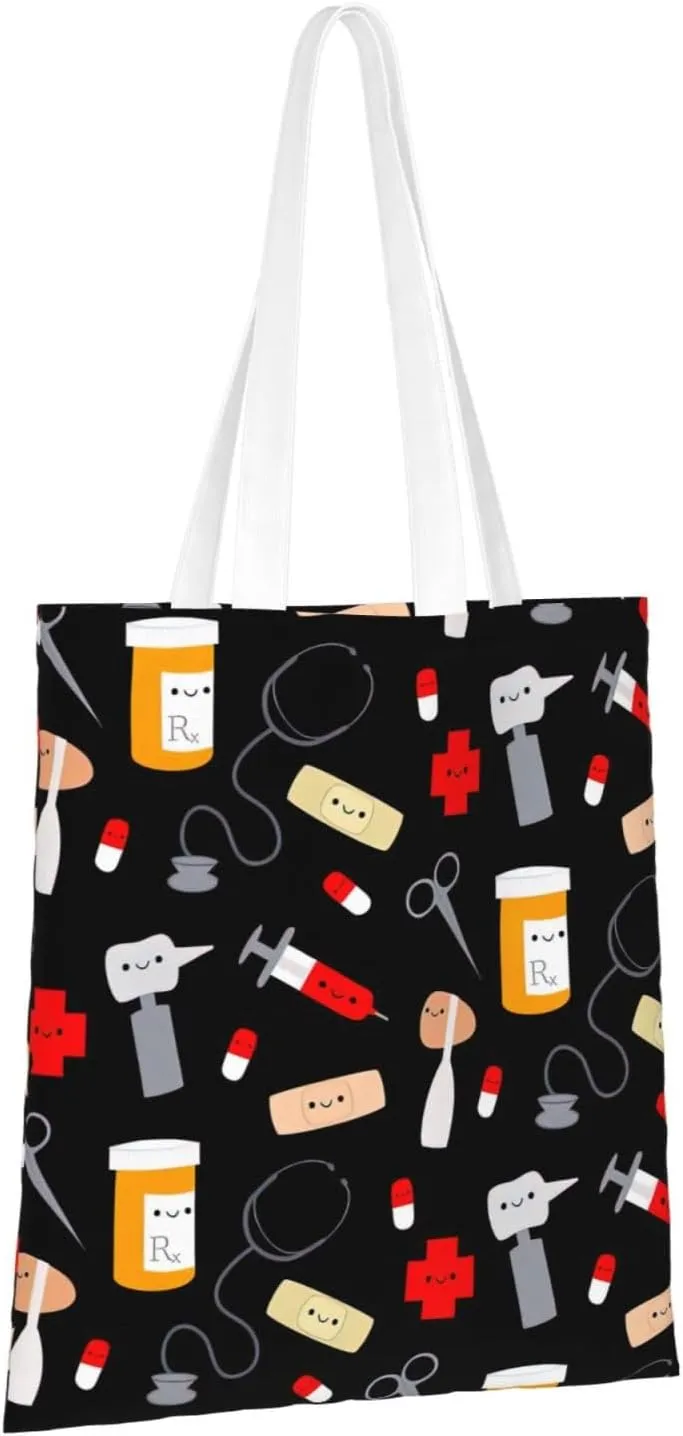 Cartoon Medicine Pattern Print Foldable Tote Bag For Women Large Tote Shoulder Handbag Reusable Grocery Bags Travel Work