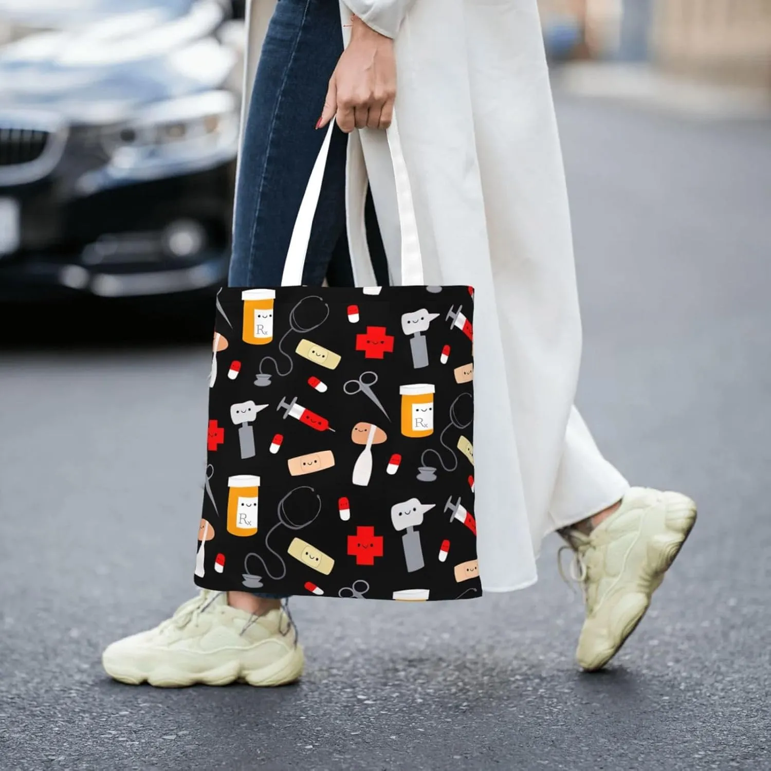 Cartoon Medicine Pattern Print Foldable Tote Bag For Women Large Tote Shoulder Handbag Reusable Grocery Bags Travel Work
