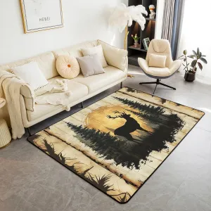 Castle Fairy Wild Deer Area Rug 3'x5' Watercolor Pine Trees Wild Animal Non Shedding Rug for Kids Teens Adults Vintage Wooden Stripes Jungle Cabin Non Slip Rug for Living Room Sofa