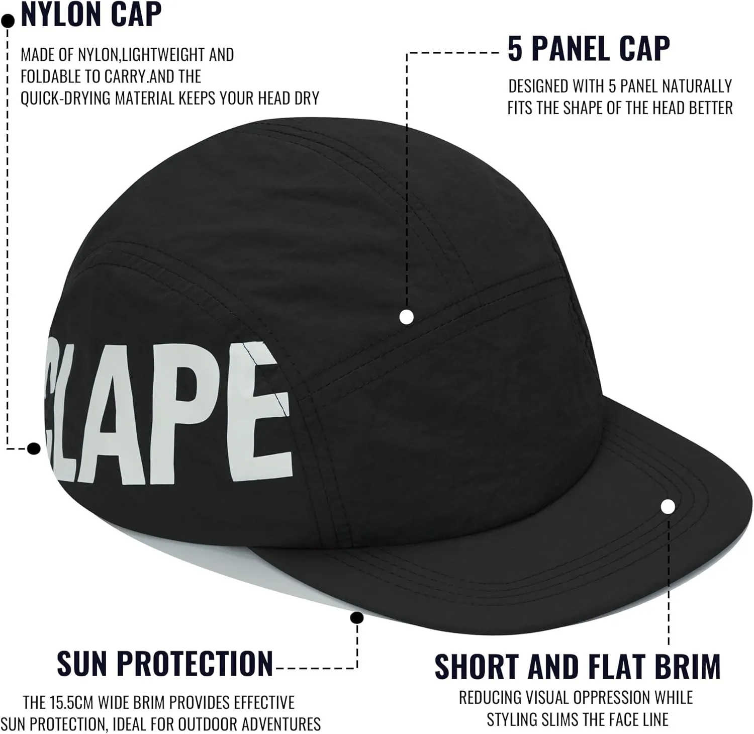 CLAPE Quick Dry 5 Panel Hat, Water-Resistant Short Brim Baseball Cap for Men & Women, Breathable Outdoor Camper Hat
