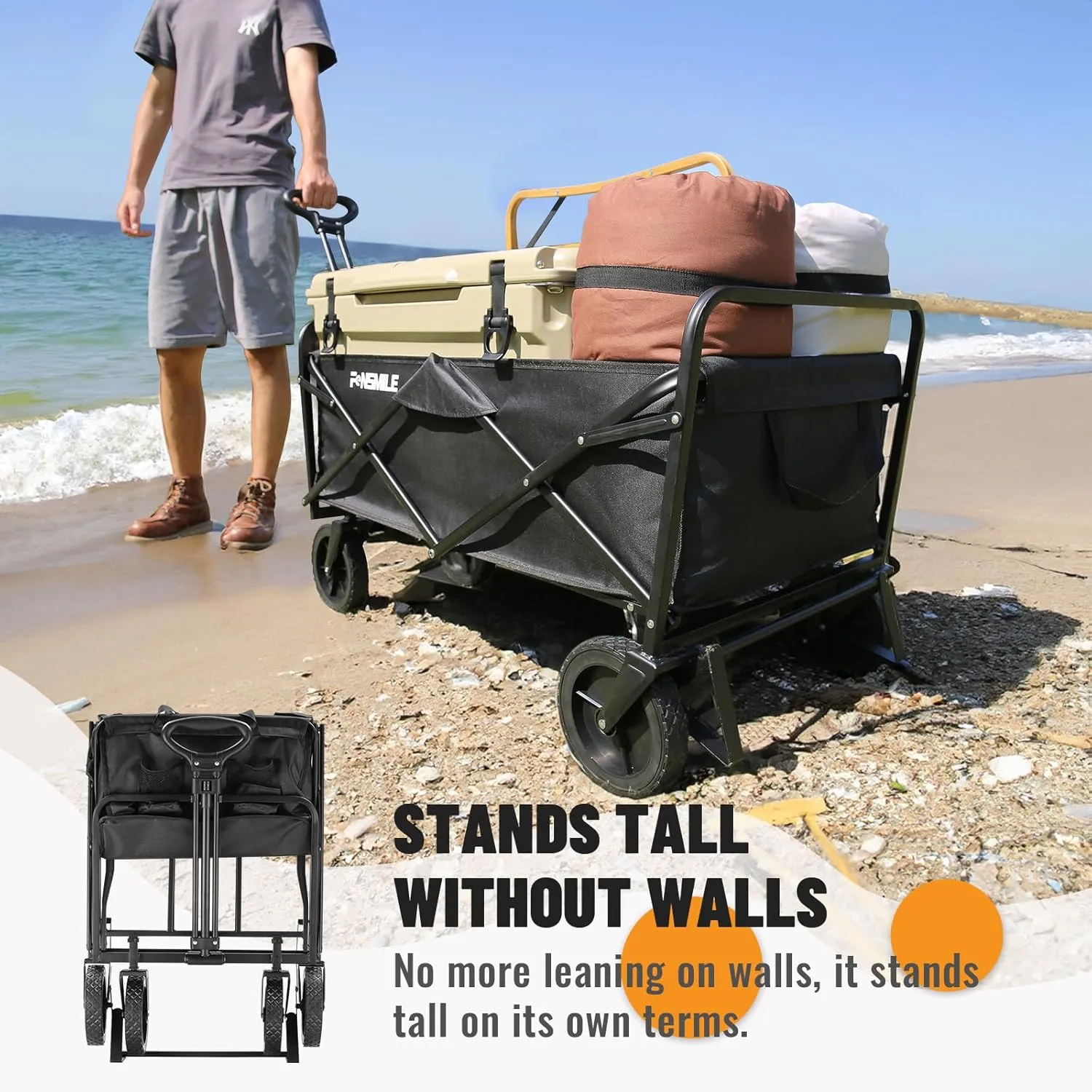 Collapsible Folding Wagon, Heavy Duty 220Lbs Capacity, Foldable Utility Cart for Outdoor Camping, Grocery, Sports, Beach - All Terrain