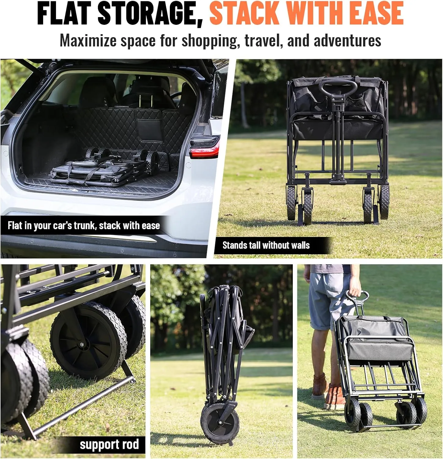 Collapsible Folding Wagon, Heavy Duty 220Lbs Capacity, Foldable Utility Cart for Outdoor Camping, Grocery, Sports, Beach - All Terrain