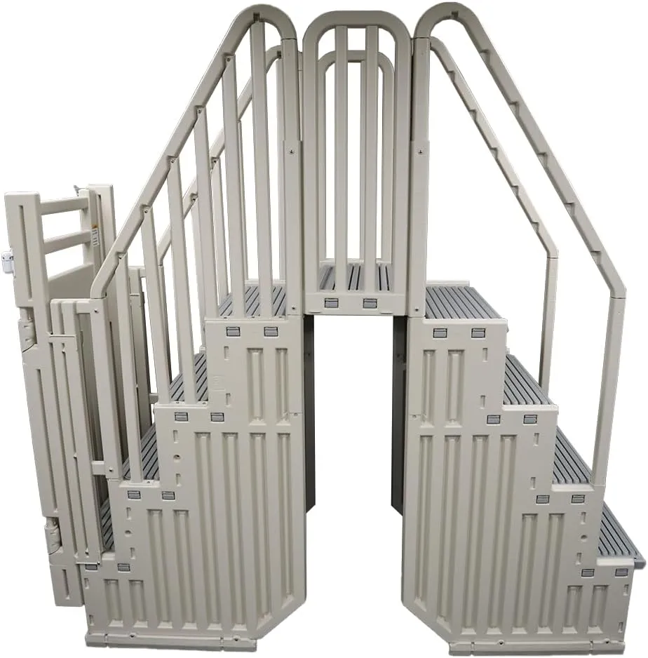 Confer Plastics Step Enclosure System: Above Ground Entry System, Dual Handrails, Slip-Resistant Steps, Supports 400 lbs, Easy Install – Made in USA, Warm Grey with Grey Step-1X Treads