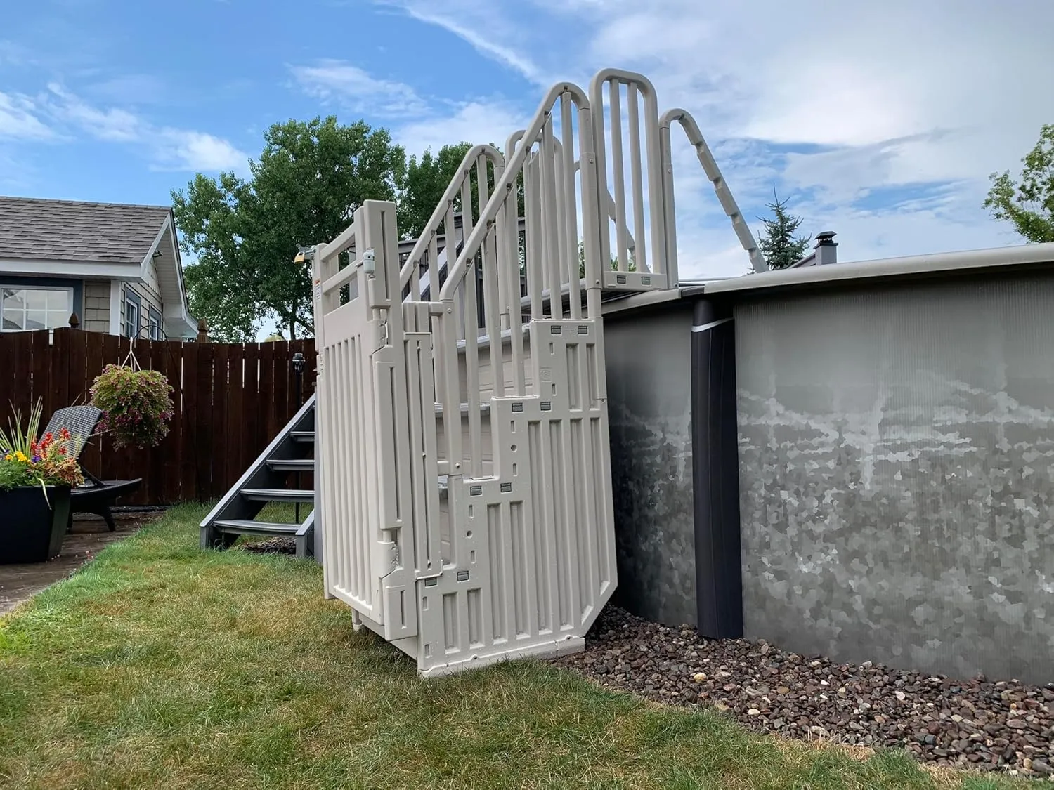 Confer Plastics Step Enclosure System: Above Ground Entry System, Dual Handrails, Slip-Resistant Steps, Supports 400 lbs, Easy Install – Made in USA, Warm Grey with Grey Step-1X Treads