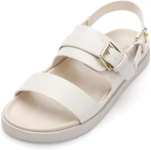 CosyFever Women's Beige Slip On Flat Footbed Sandals Adjustable Back Strap Comfortable Walking Shoes for Casual Outfits Summer Work - 8 B(M) US