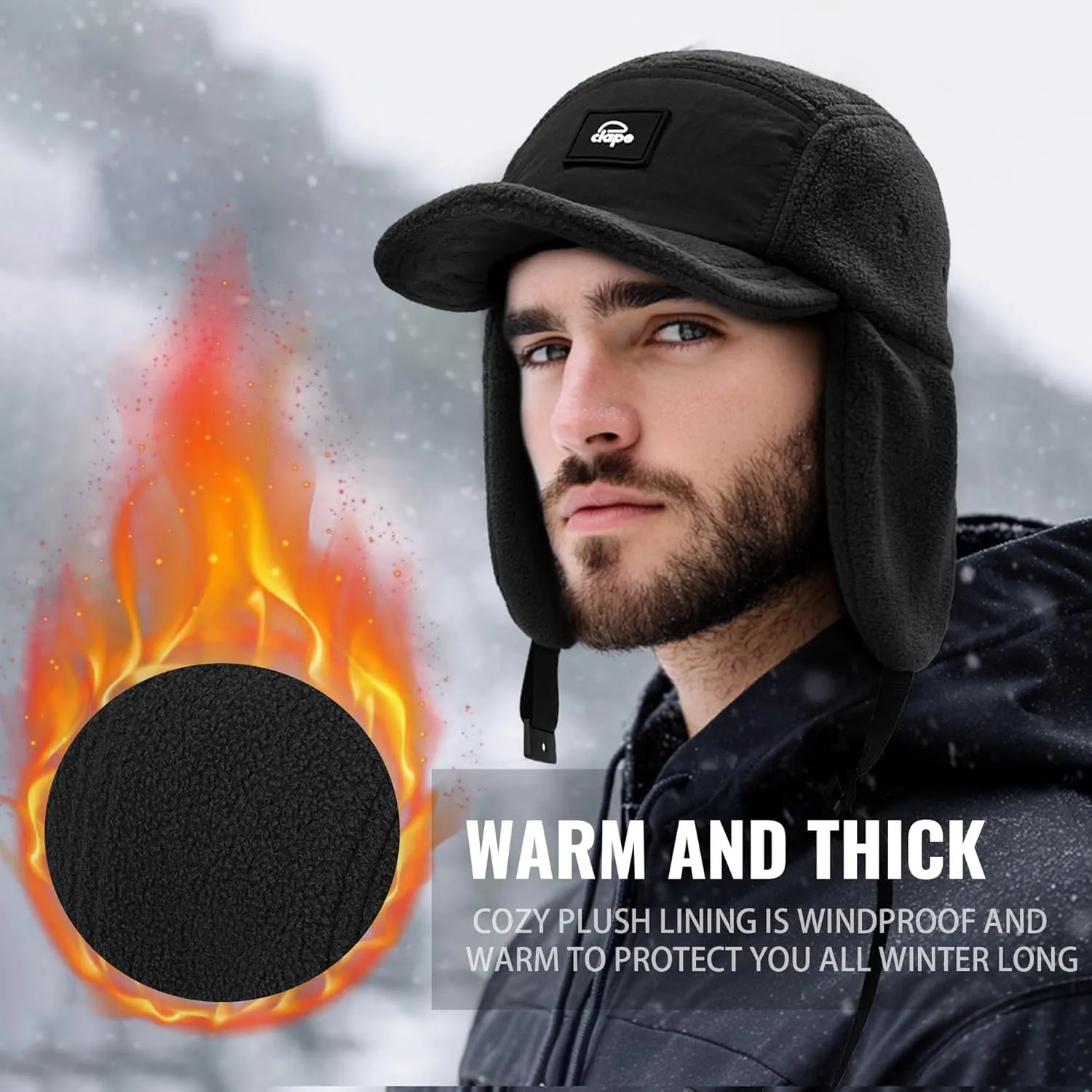 Croogo Earflaps Baseball Cap Winter Trapper Hats for Men Warm Trooper Visor Hat 5 Panel Flat Bill Caps Snow Eskimo Hat