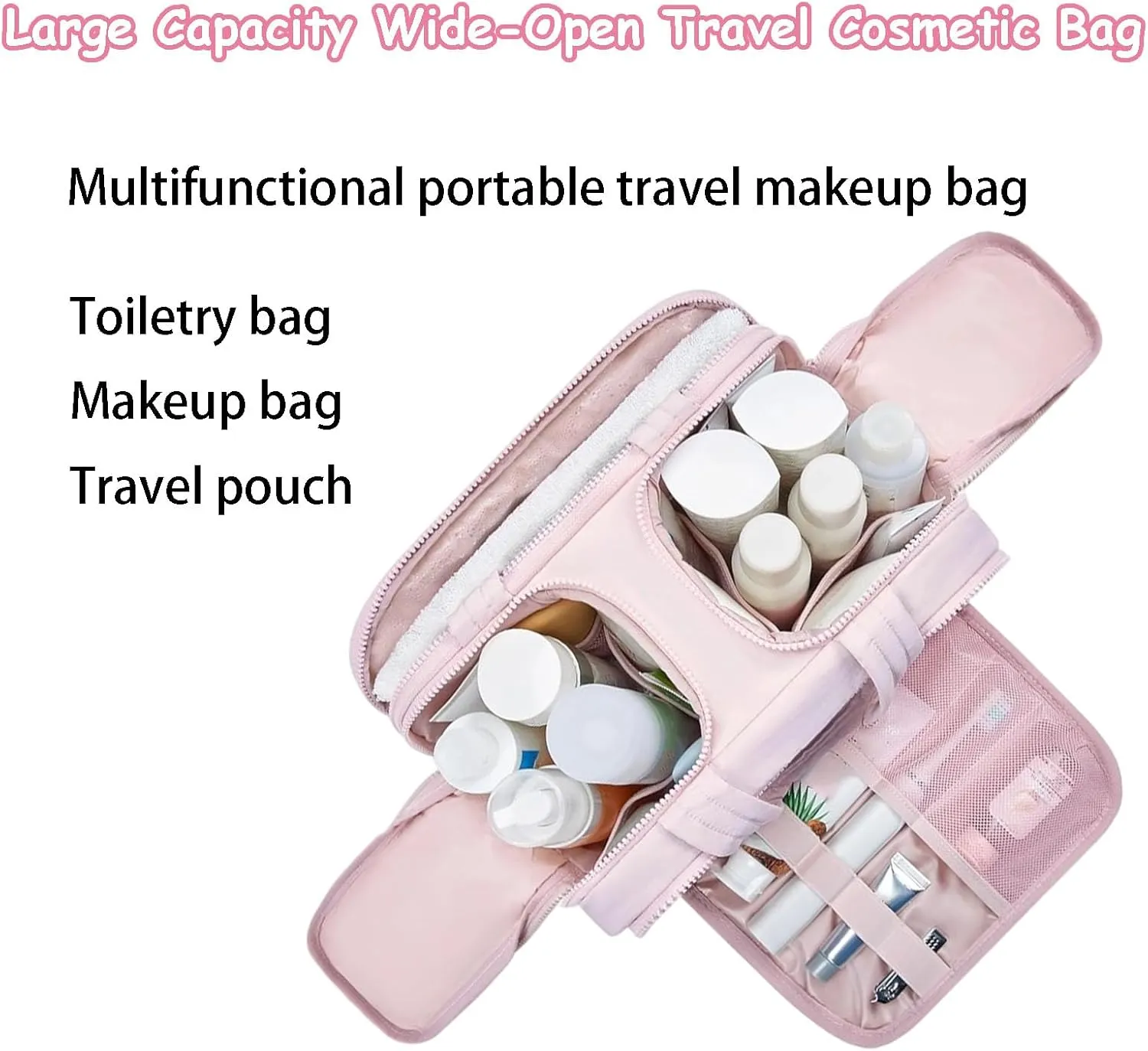 Cureaway Travel Cosmetic Bag, Large Capacity Wide-Open Travel Cosmetic Bag, Open Flat Makeup Bag with 4 Compartments for Toiletries, Cosmetic, Unisex (Purple)