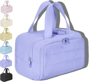 Cureaway Travel Cosmetic Bag, Large Capacity Wide-Open Travel Cosmetic Bag, Open Flat Makeup Bag with 4 Compartments for Toiletries, Cosmetic, Unisex (Purple)