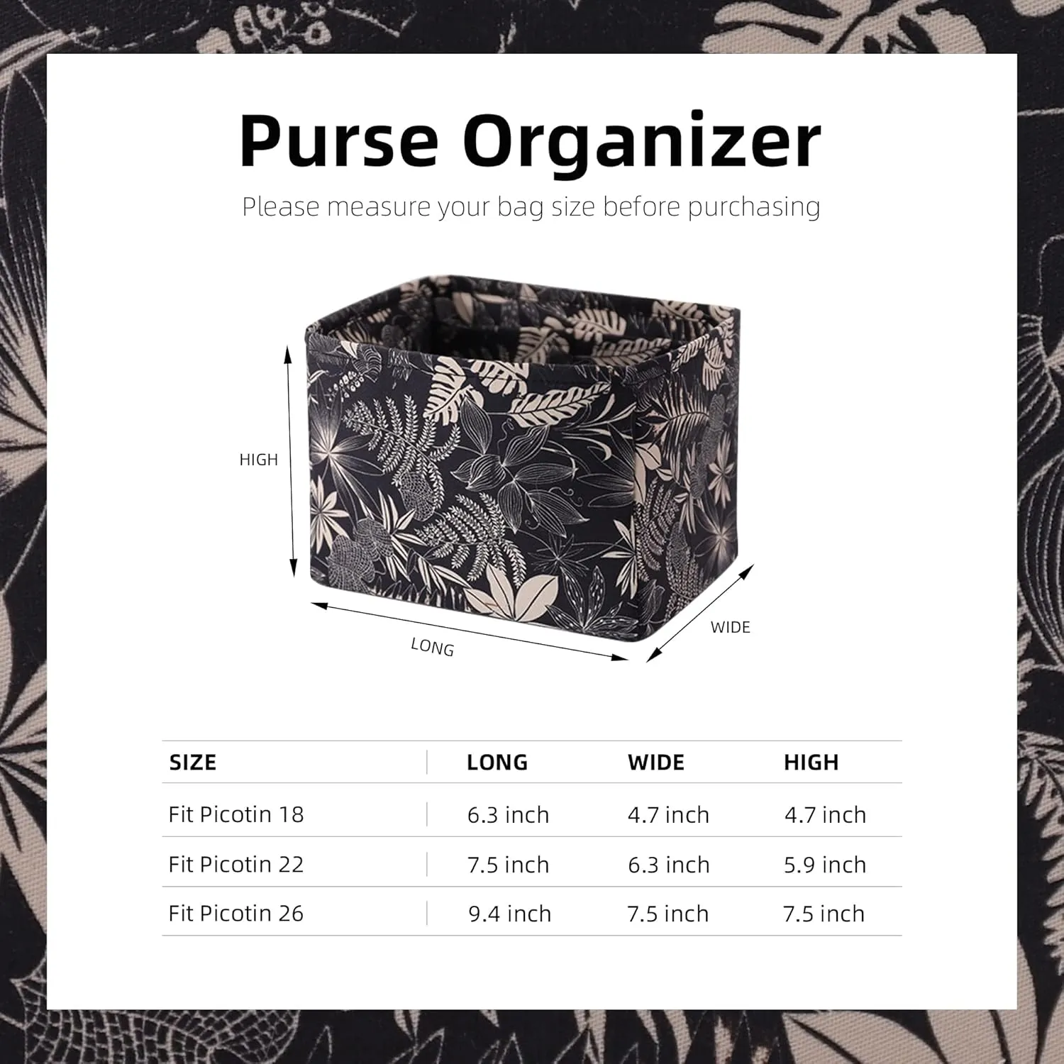 Custom Fit for Luxury Handbags Foldable Organizer Insert with Elegant Pattern, Perfectly Sized for Hermès Picotin 14/18/22/26 bags(PC22, Dark Fragrance)