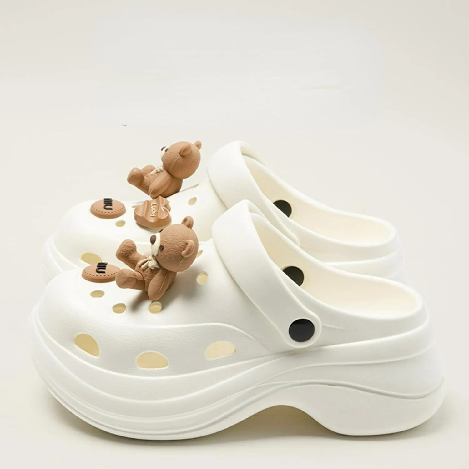 Cute Bowknot Bear Slippers for Women Clogs with Hole EVA 2" Y2K Platform Slides Height Increase Anti-Slip Thick Sole Adjustable Heel Indoor Shower Sandals Outdoor Travel Beach Sandals