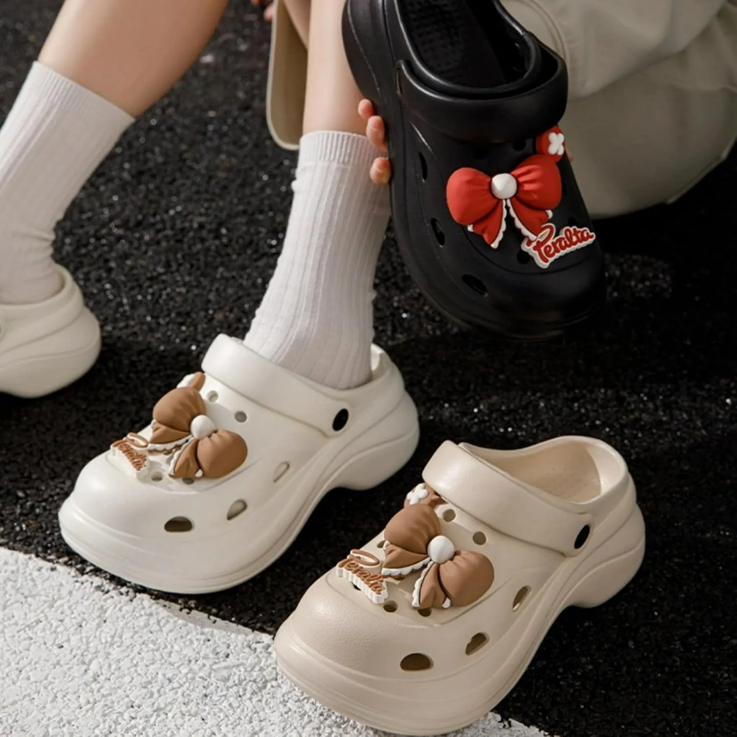 Cute Bowknot Bear Slippers for Women Clogs with Hole EVA 2" Y2K Platform Slides Height Increase Anti-Slip Thick Sole Adjustable Heel Indoor Shower Sandals Outdoor Travel Beach Sandals