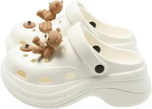 Cute Bowknot Bear Slippers for Women Clogs with Hole EVA 2" Y2K Platform Slides Height Increase Anti-Slip Thick Sole Adjustable Heel Indoor Shower Sandals Outdoor Travel Beach Sandals