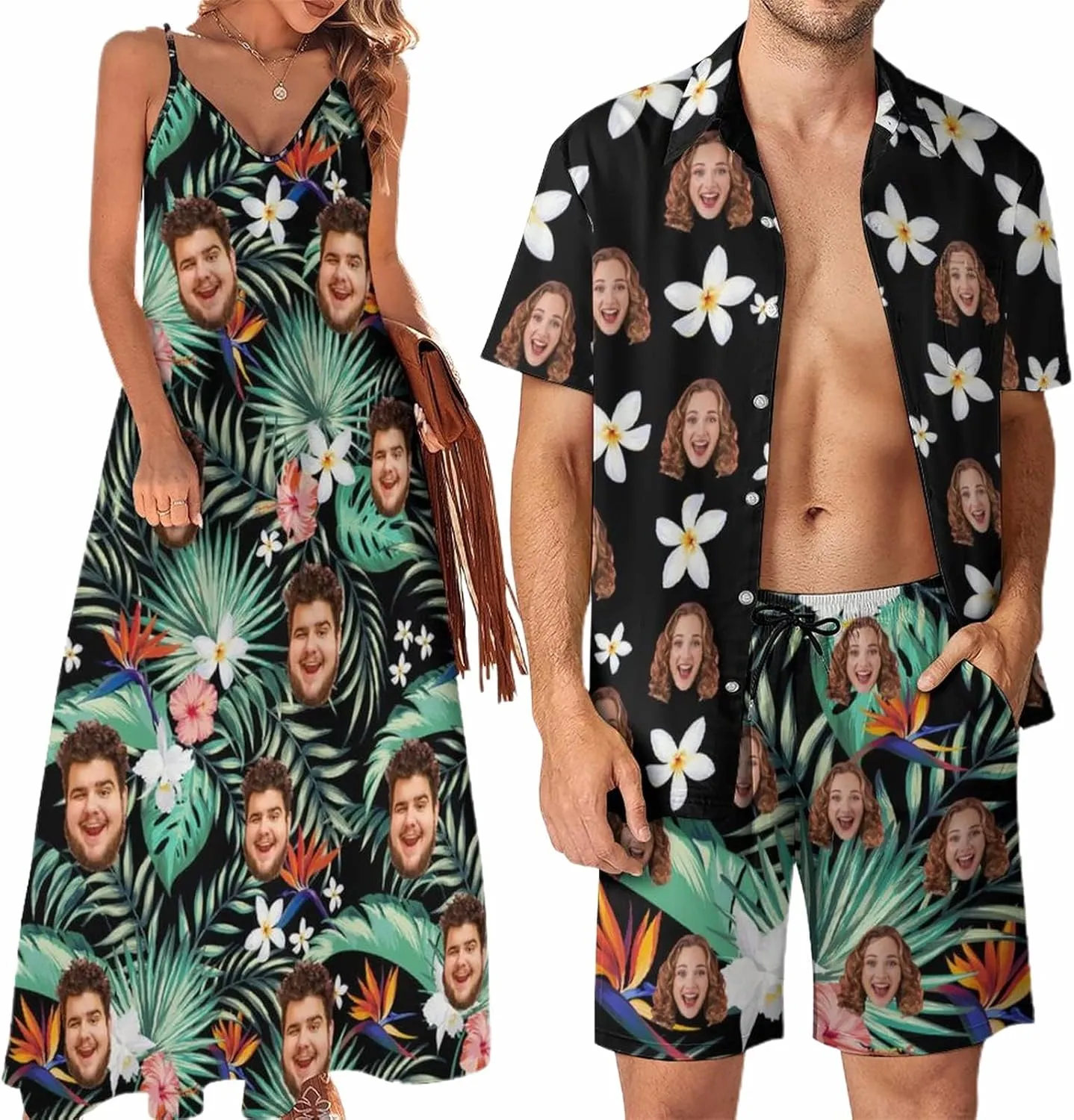 D-Story Custom Face Matching Couple Hawaiian Set Luau Party Outfit Personalized Shirt Shorts Dress with Photo Valentine Gift