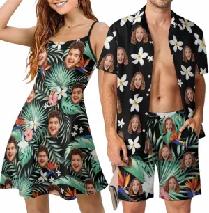 D-Story Custom Face Matching Couple Hawaiian Set Luau Party Outfit Personalized Shirt Shorts Dress with Photo Valentine Gift