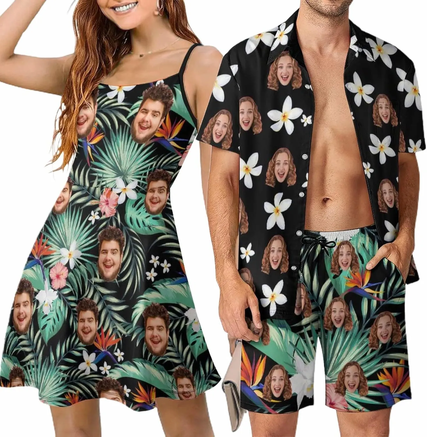 D-Story Custom Face Matching Couple Hawaiian Set Luau Party Outfit Personalized Shirt Shorts Dress with Photo Valentine Gift