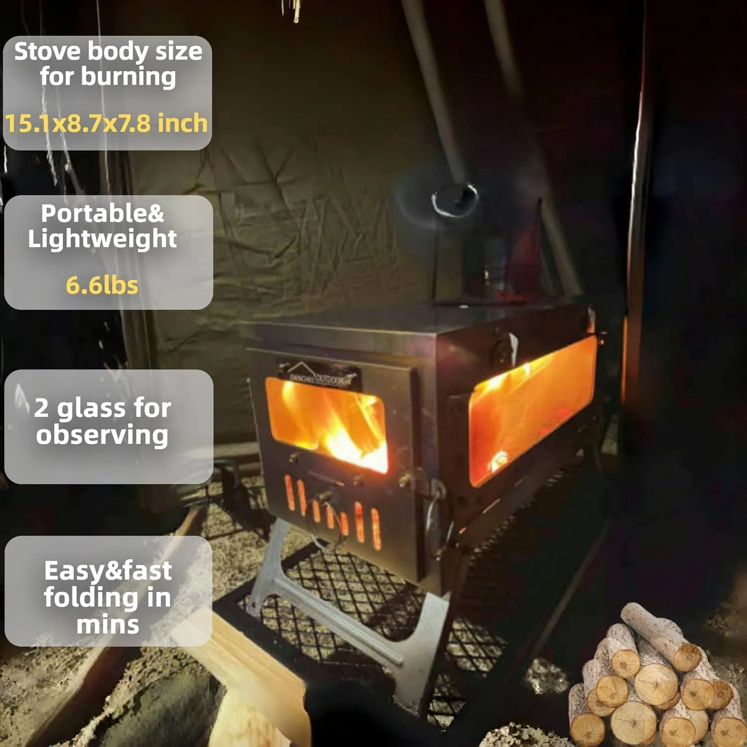 DANCHEL OUTDOOR TSG Folding Titanium Tent Wood Stove with Heat Resistance Stove Pad Mat, Portable Hot Tent Stoves Wood Burning Winter Solo Camping