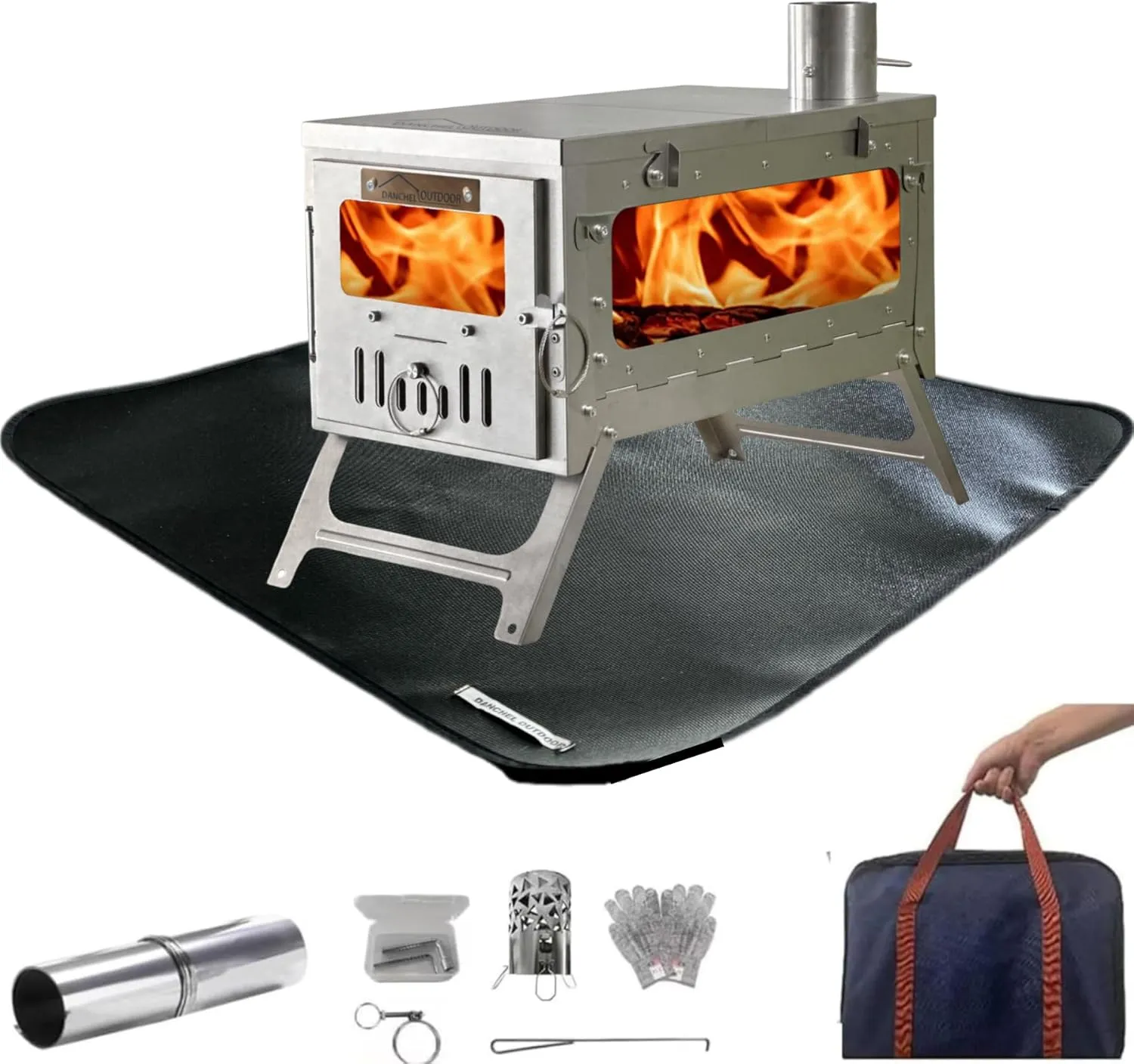 DANCHEL OUTDOOR TSG Folding Titanium Tent Wood Stove with Heat Resistance Stove Pad Mat, Portable Hot Tent Stoves Wood Burning Winter Solo Camping