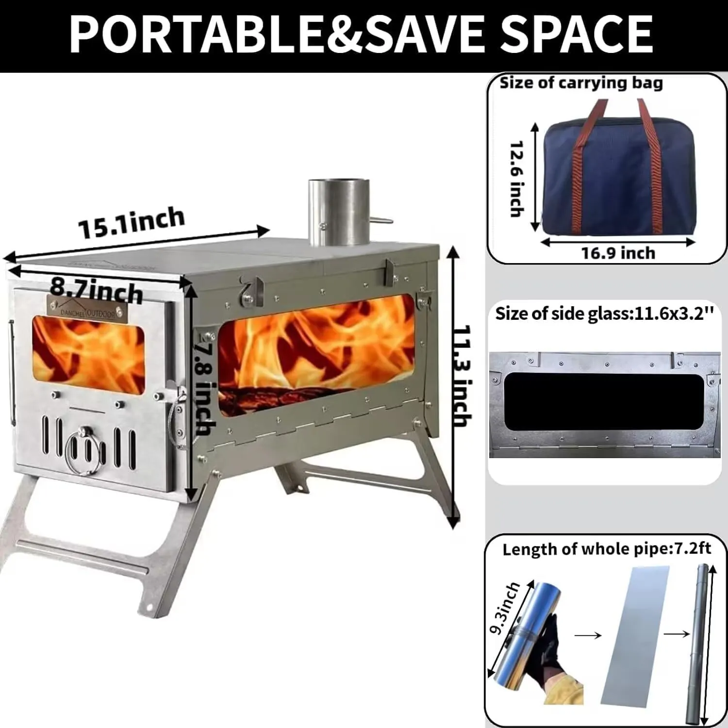 DANCHEL OUTDOOR TSG Folding Titanium Tent Wood Stove with Heat Resistance Stove Pad Mat, Portable Hot Tent Stoves Wood Burning Winter Solo Camping