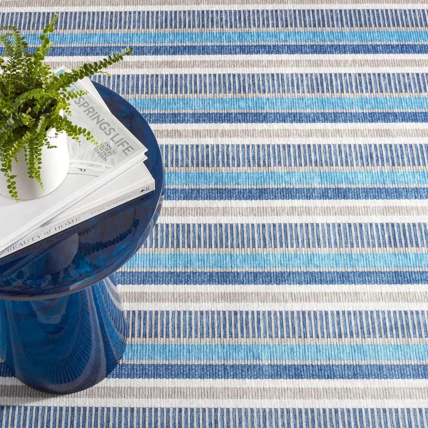 Dash & Albert x Kit Kemp Always Greener Blue/Grey Machine Washable Rug, 5 X 8 Feet, Blue Stripe Pattern