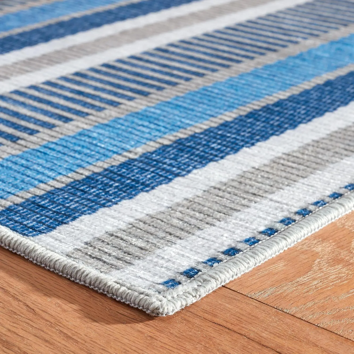 Dash & Albert x Kit Kemp Always Greener Blue/Grey Machine Washable Rug, 5 X 8 Feet, Blue Stripe Pattern
