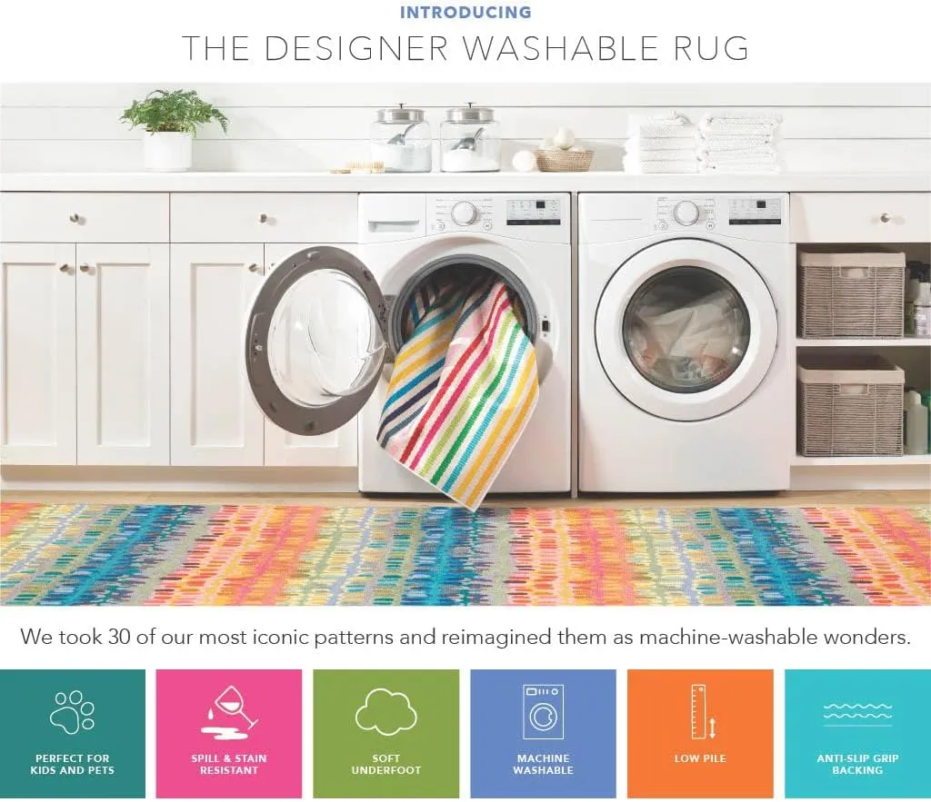 Dash & Albert x Kit Kemp Always Greener Blue/Grey Machine Washable Rug, 5 X 8 Feet, Blue Stripe Pattern