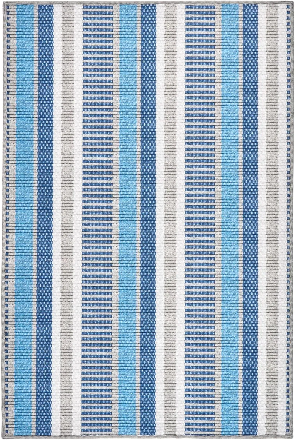 Dash & Albert x Kit Kemp Always Greener Blue/Grey Machine Washable Rug, 5 X 8 Feet, Blue Stripe Pattern