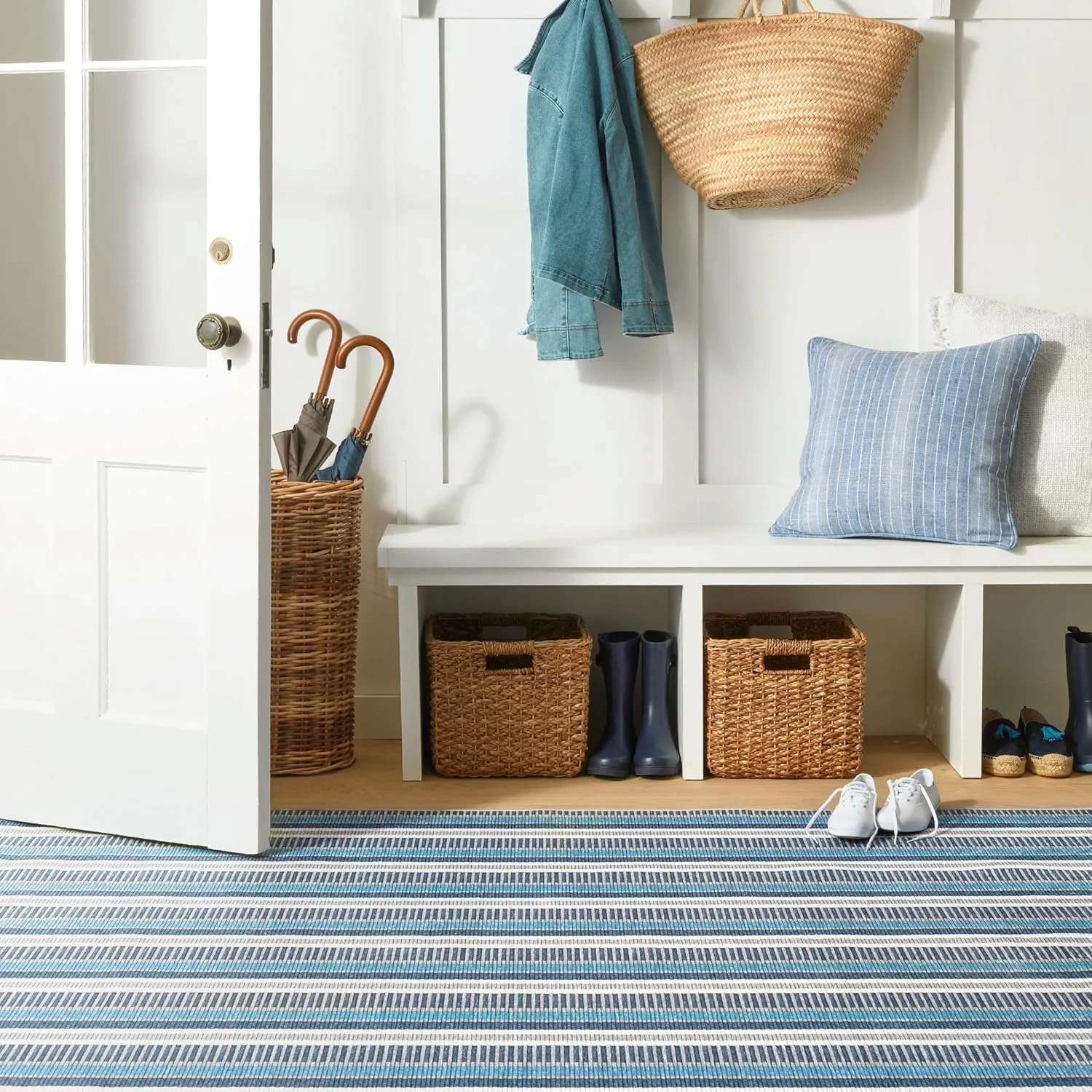 Dash & Albert x Kit Kemp Always Greener Blue/Grey Machine Washable Rug, 5 X 8 Feet, Blue Stripe Pattern