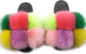 DAYISS Womens Real Fox Fur Ball Slides Flip Flop Fluffy Slippers Fuzzy Sandals Furry Slide for Women