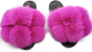 DAYISS Womens Real Fox Fur Ball Slides Flip Flop Fluffy Slippers Fuzzy Sandals Furry Slide for Women