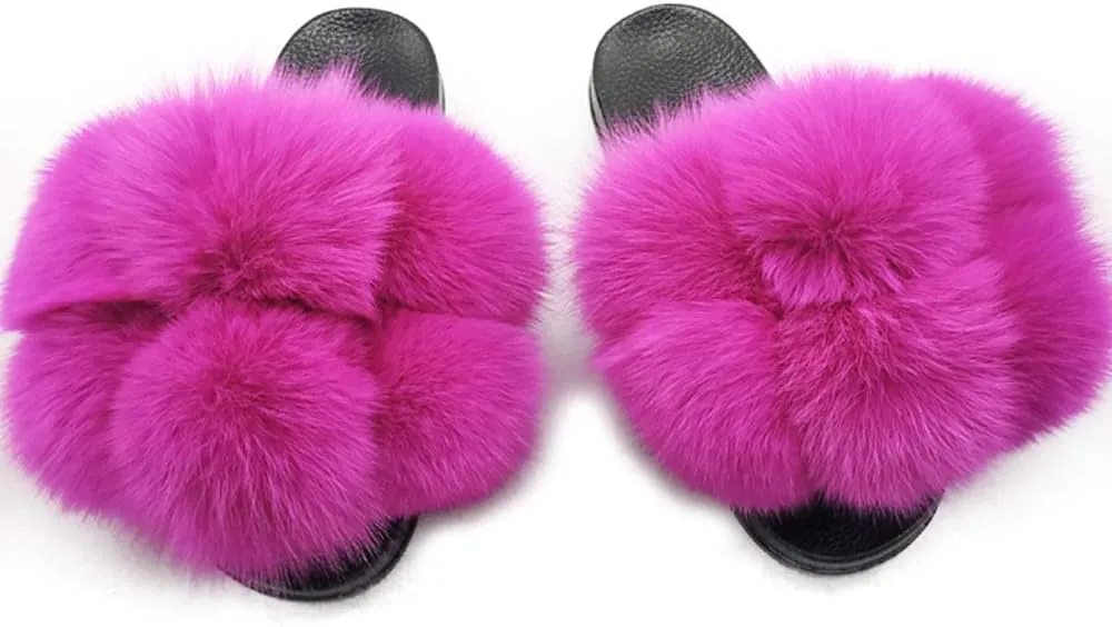 DAYISS Womens Real Fox Fur Ball Slides Flip Flop Fluffy Slippers Fuzzy Sandals Furry Slide for Women