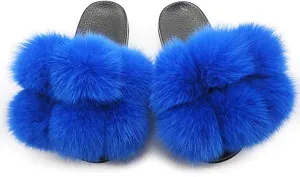 DAYISS Womens Real Fox Fur Ball Slides Flip Flop Fluffy Slippers Fuzzy Sandals Furry Slide for Women