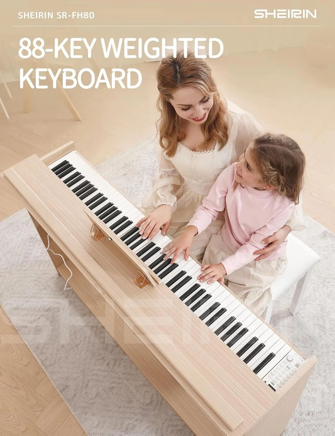 Digital Piano Hammer Action Keyboard 88 Keys Upright Acoustic Electric Weighted Piano Beginner MIDI Cover Full Size Sustain Pedal Stand Real Professional SR-FH80 (Beige Full Cover)