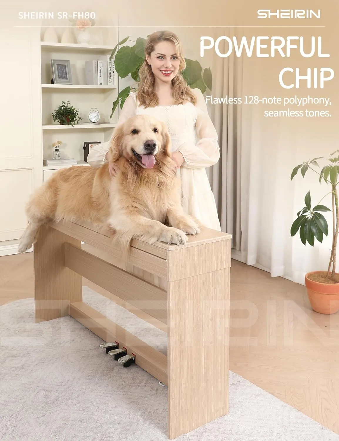 Digital Piano Hammer Action Keyboard 88 Keys Upright Acoustic Electric Weighted Piano Beginner MIDI Cover Full Size Sustain Pedal Stand Real Professional SR-FH80 (Beige Full Cover)