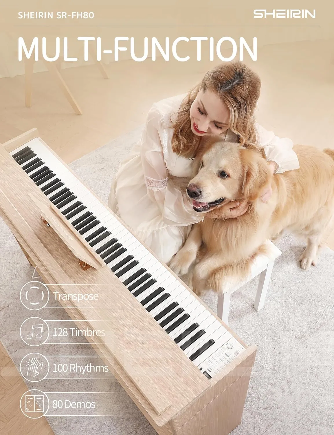 Digital Piano Hammer Action Keyboard 88 Keys Upright Acoustic Electric Weighted Piano Beginner MIDI Cover Full Size Sustain Pedal Stand Real Professional SR-FH80 (Beige Full Cover)